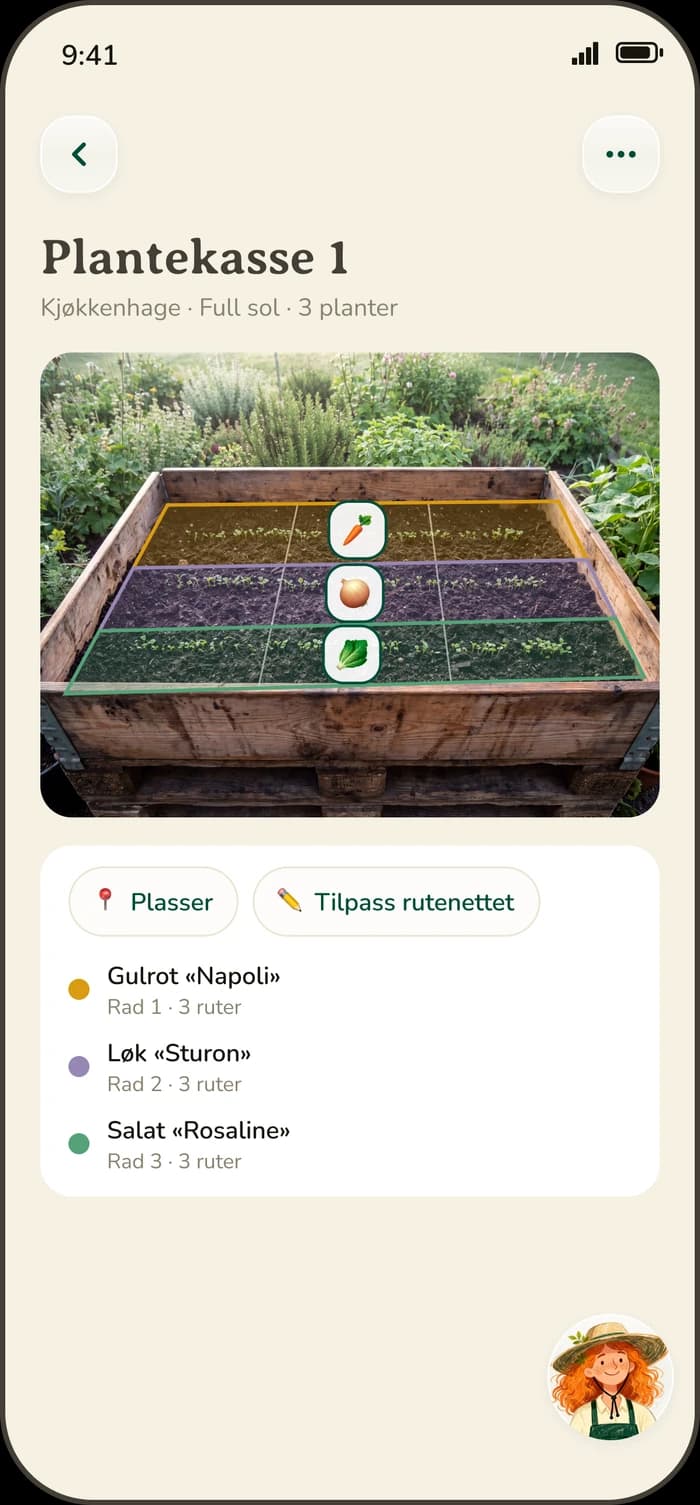 Områdekart med planter plassert i en plantekasse