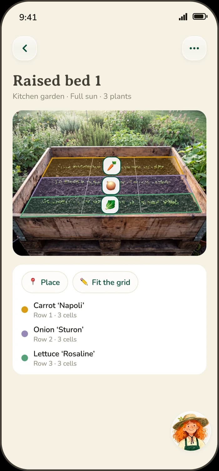 Area map with plants placed in a raised bed